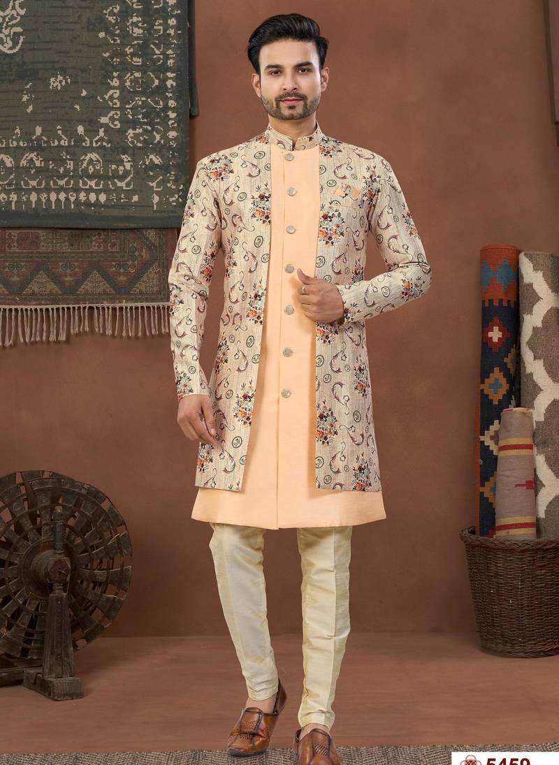 Beige & mixdigital printed jacket style attached indowestern set with thred work & fancy batan