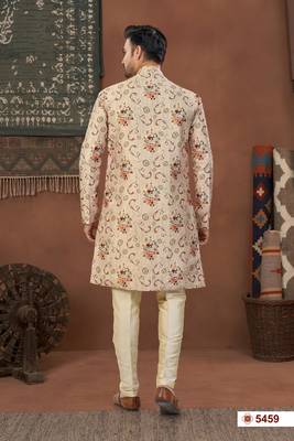 Beige & mixdigital printed jacket style attached indowestern set with thred work & fancy batan 2