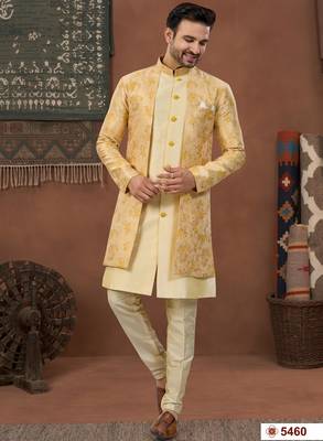 Yellow & fownhavy jacket style attached indowestern   set with thred work & fancy botton 1