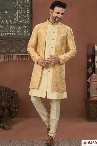 Yellow & fownhavy jacket style attached indowestern   set with thred work & fancy botton