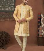 Yellow & fownhavy jacket style attached indowestern   set with thred work & fancy botton