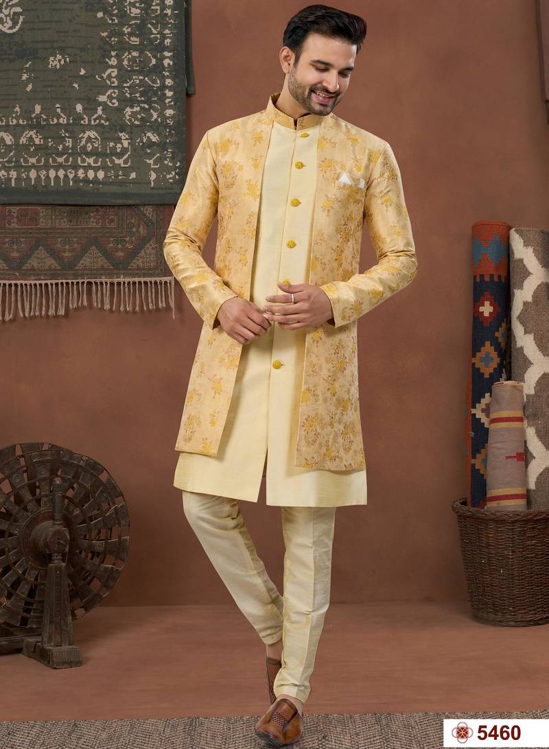 Yellow & fownhavy jacket style attached indowestern   set with thred work & fancy botton