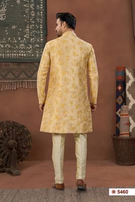 Yellow & fownhavy jacket style attached indowestern   set with thred work & fancy botton 3