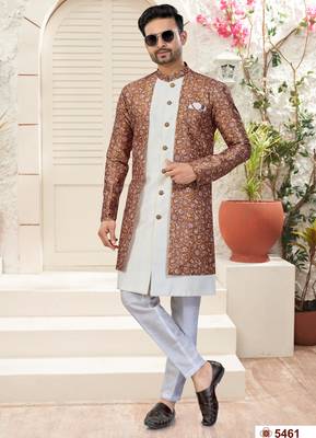 Off white & multy colourdigital printed jacket style attached indowestern   set with thred work & fancy batan 1
