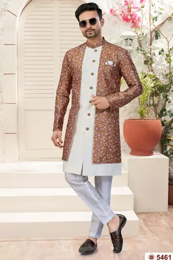 Off white & multy colourdigital printed jacket style attached indowestern   set with thred work & fancy batan