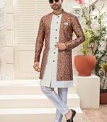 Off white & multy colourdigital printed jacket style attached indowestern   set with thred work & fancy batan