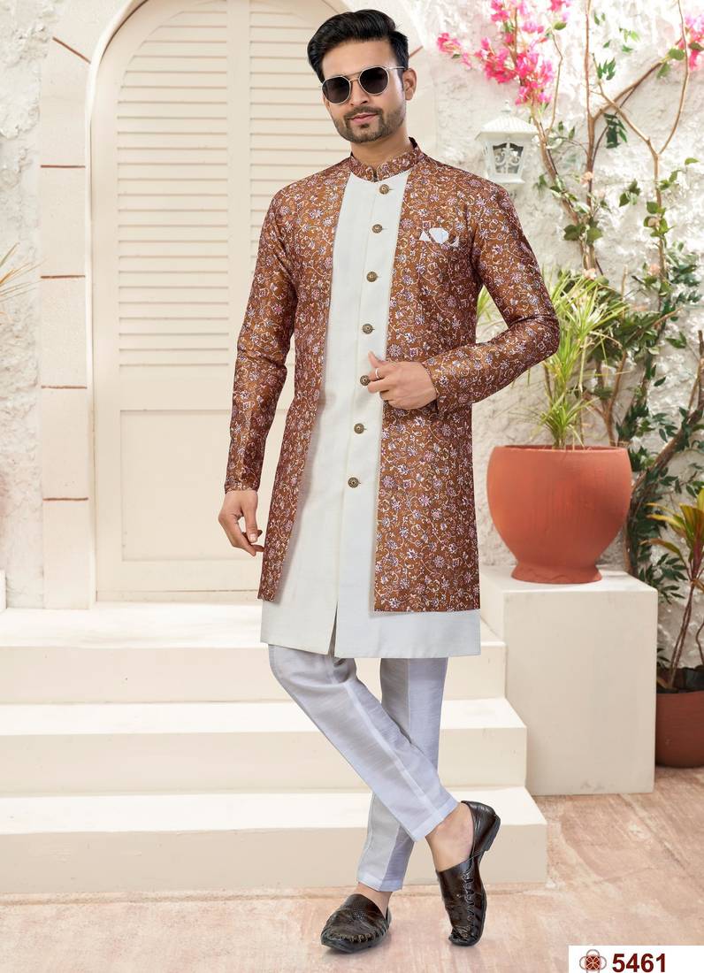 Off white & multy colourdigital printed jacket style attached indowestern   set with thred work & fancy batan