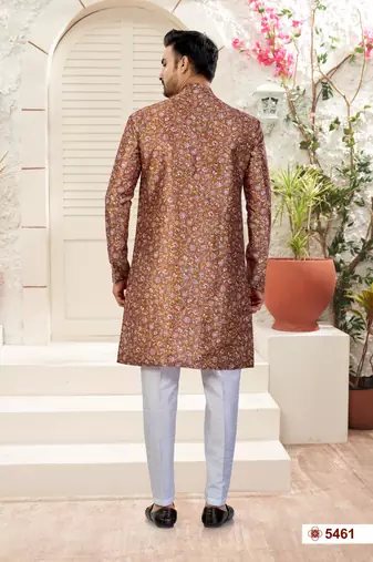 Off white & multy colourdigital printed jacket style attached indowestern   set with thred work & fancy batan