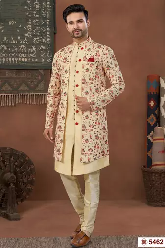 Fowndigital printed jacket style attached indowestern   set with thred work & fancy batan
