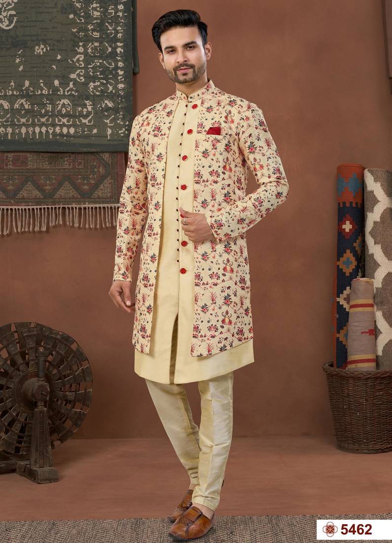 Fowndigital printed jacket style attached indowestern   set with thred work & fancy batan
