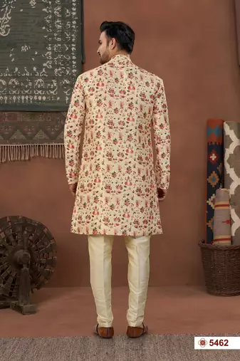 Fowndigital printed jacket style attached indowestern   set with thred work & fancy batan
