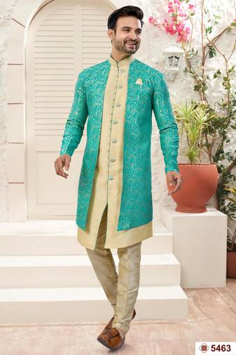 Mint green & fownhavy jacket style attached indowestern set with thred work & fancy botton