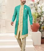 Mint green & fownhavy jacket style attached indowestern set with thred work & fancy botton