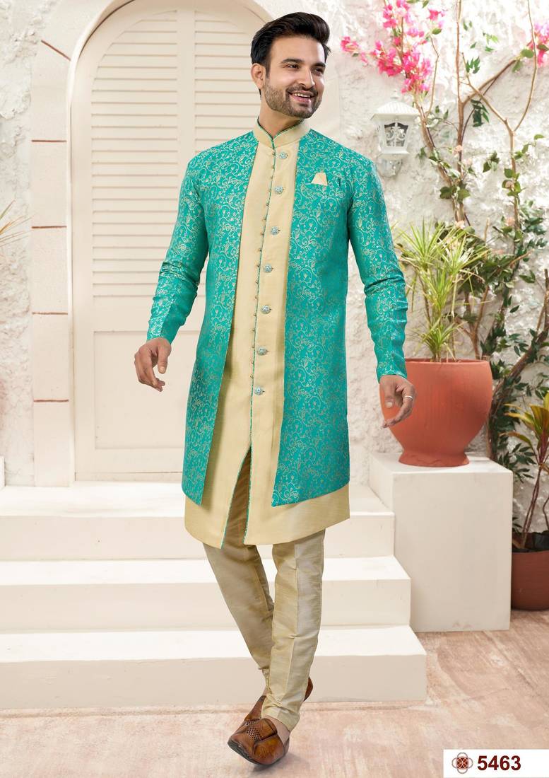 Mint green & fownhavy jacket style attached indowestern set with thred work & fancy botton