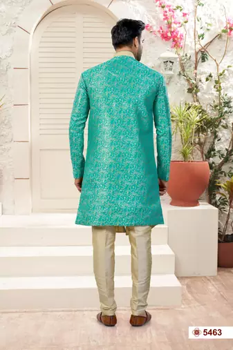 Mint green & fownhavy jacket style attached indowestern set with thred work & fancy botton