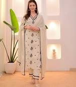 Cream women georgette embroidered kurti pant with lace dupatta set | stylish ethnic suit set