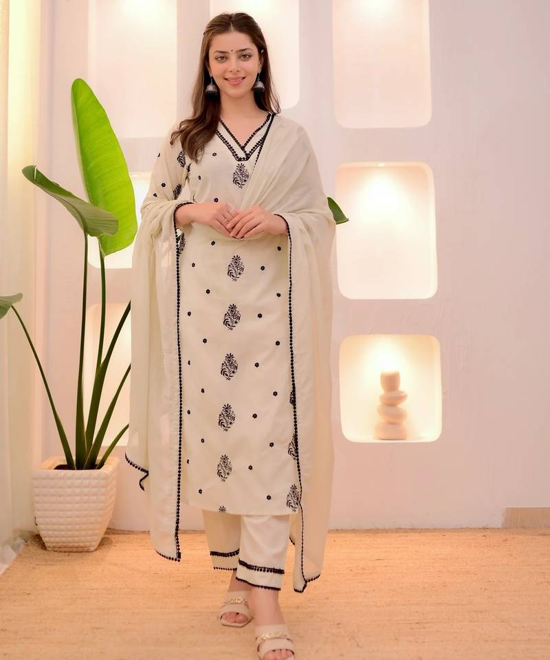 Cream women georgette embroidered kurti pant with lace dupatta set | stylish ethnic suit set