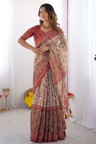 Handloom beige cotton saree with maroon blouse, pomegranate floral print & village tale pallu