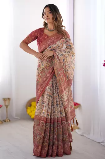 Handloom beige cotton saree with maroon blouse, pomegranate floral print & village tale pallu