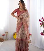 beige handloom cotton saree with floral print