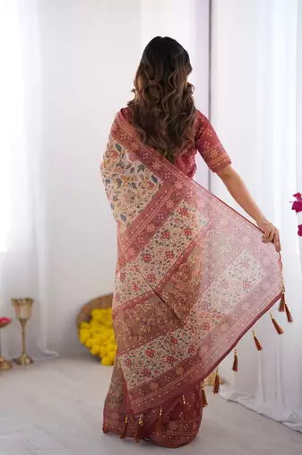 beige handloom cotton saree with floral print