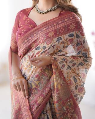 beige handloom cotton saree with floral print 4