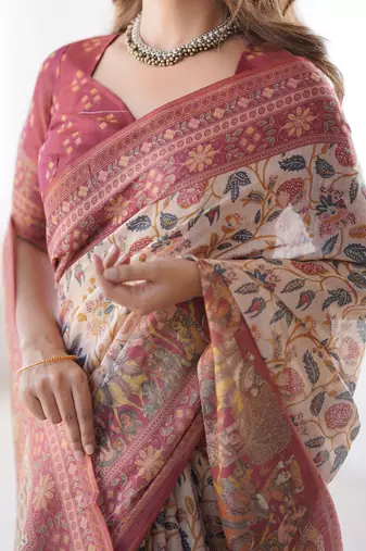 beige handloom cotton saree with floral print