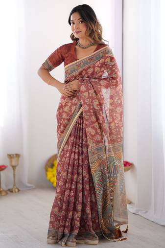 Rust maroon handloom cotton saree with floral jaal & multicolor mandala pallu art