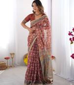 Rust maroon handloom cotton saree with floral jaal & multicolor mandala pallu art