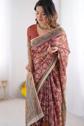 maroon handloom cotton saree with floral print