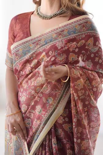 maroon handloom cotton saree with floral print