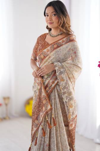 Elegant beige & brown pure linen cotton handloom saree with animal motifs and floral prints