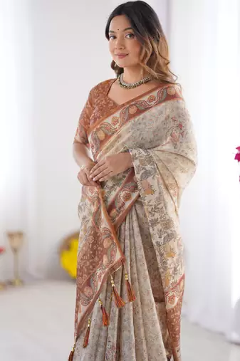 Elegant beige & brown pure linen cotton handloom saree with animal motifs and floral prints
