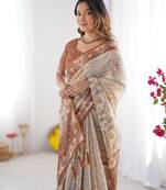 beige handloom cotton saree with floral prints