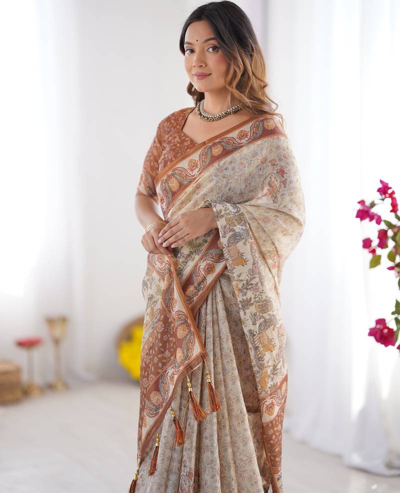 Elegant beige & brown pure linen cotton handloom saree with animal motifs and floral prints