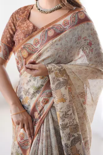 beige handloom cotton saree with floral prints