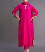 Pink women silk blend embroidered kurti pant with najmeen embroidered dupatta set | ethnic wear suit set