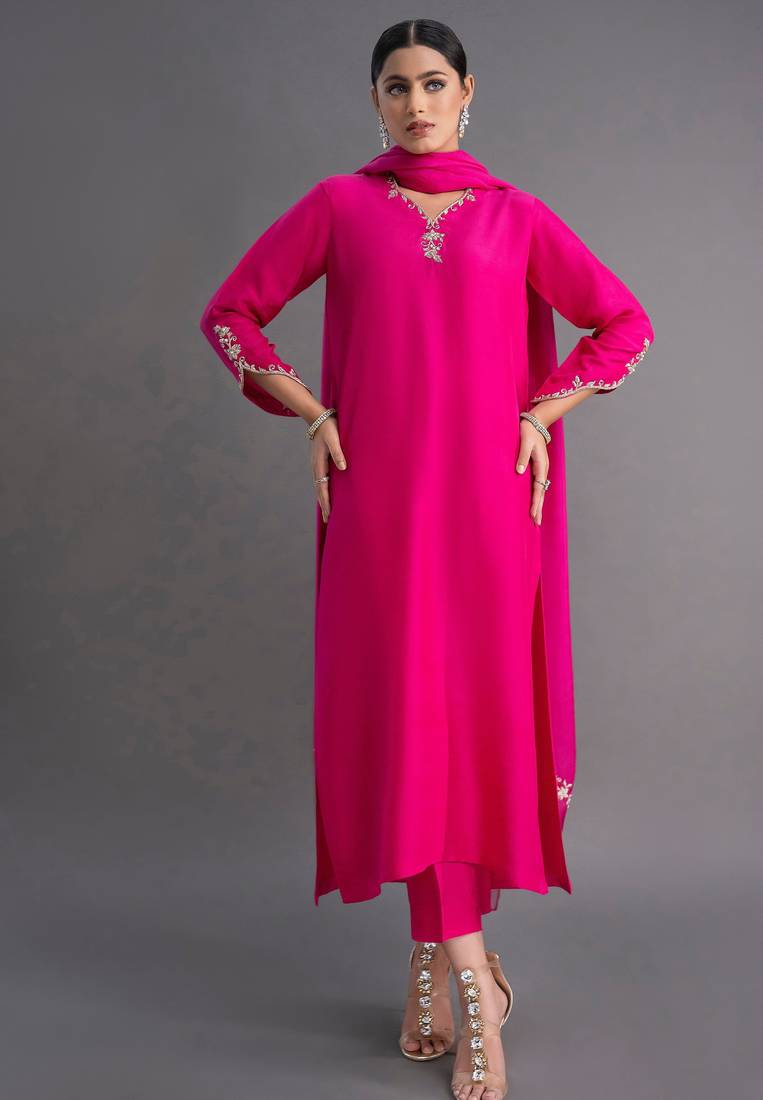 Pink women silk blend embroidered kurti pant with najmeen embroidered dupatta set | ethnic wear suit set