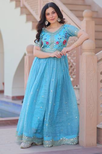 Sky blue designer embroidered gold crush anarkali gown – party wear