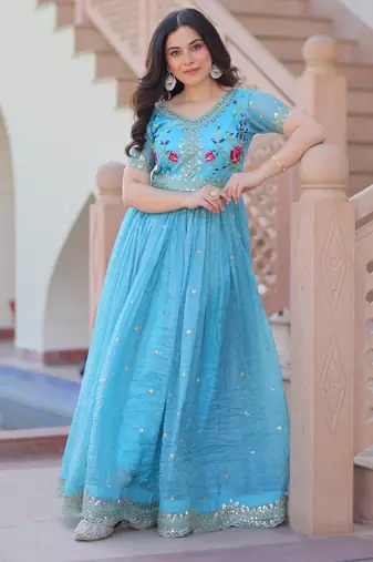 Sky blue designer embroidered gold crush anarkali gown – party wear