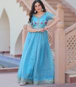 Sky blue designer embroidered gold crush anarkali gown     party wear