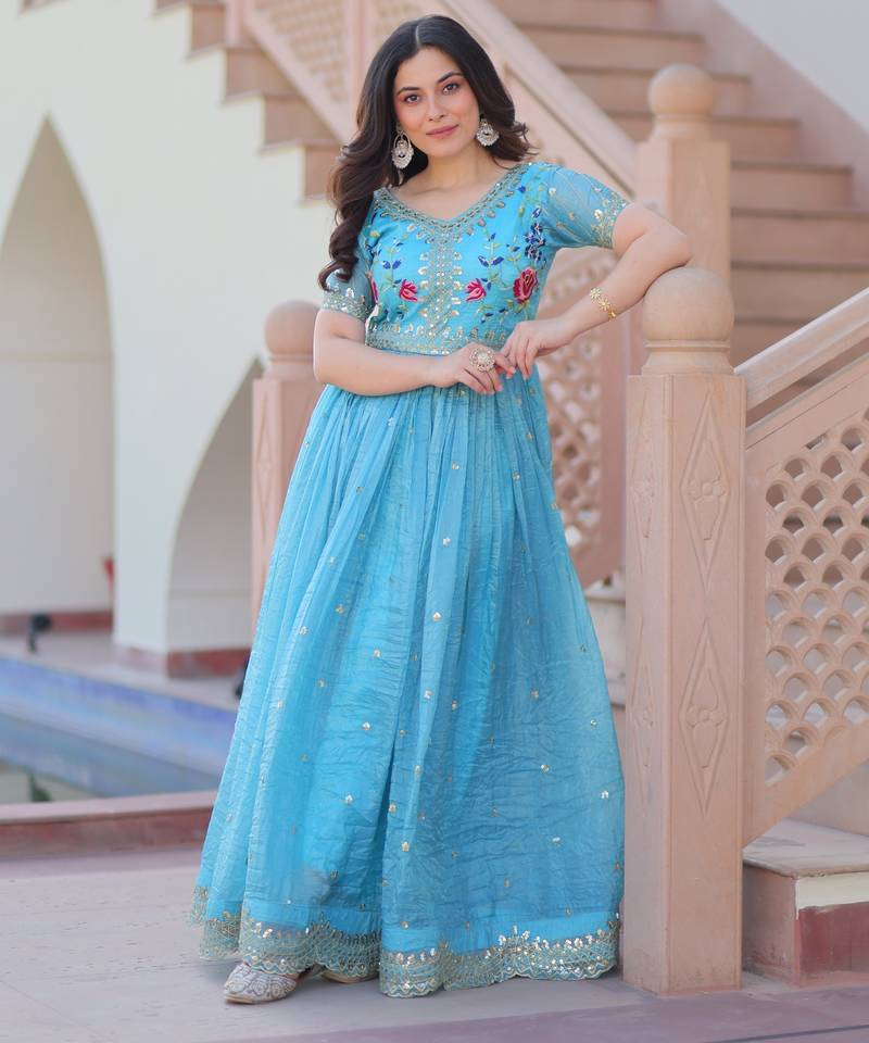 Sky blue designer embroidered gold crush anarkali gown – party wear