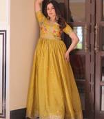 Yellow designer embroidered gold crush anarkali gown     party wear