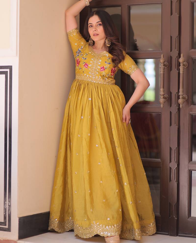 Yellow designer embroidered gold crush anarkali gown – party wear