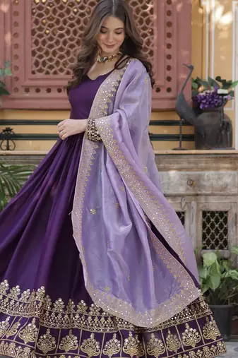 Purple embroidered star georgette anarkali gown with zari sequins – party wear