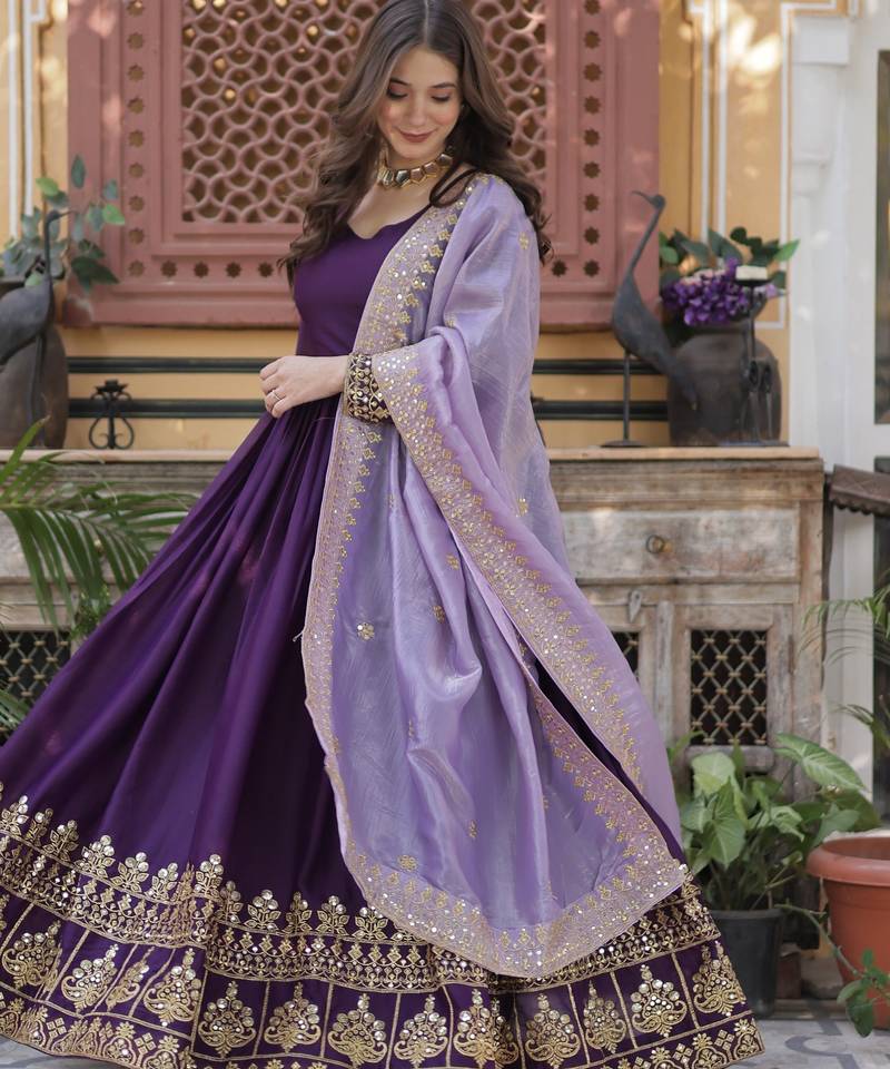 Purple embroidered star georgette anarkali gown with zari sequins – party wear