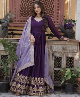 Purple embroidered star georgette anarkali gown with zari sequins     party wear 2