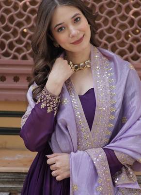 Purple embroidered star georgette anarkali gown with zari sequins     party wear 5