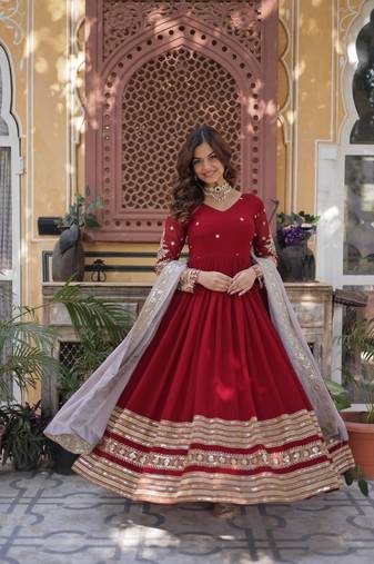 Red embroidered faux blooming anarkali gown with zari sequins – party wear