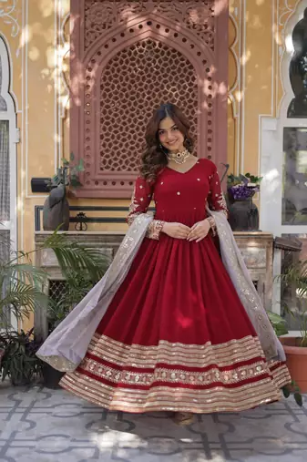 Red embroidered faux blooming anarkali gown with zari sequins – party wear